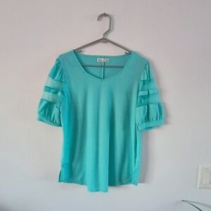 89th Madison Teal Sheer Puff Sleeve Knit Blouse Womens Large Career Top